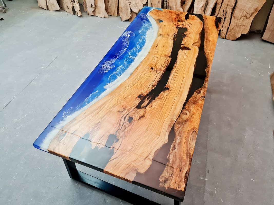 Custom Order Epoxy Dining Table- Transparent Blue Epoxy Table- Epoxy Ocean Table- with metal legs
