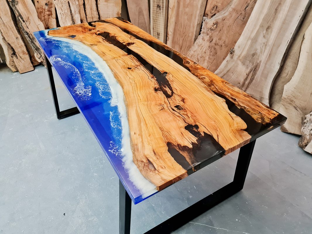 Custom Order Epoxy Dining Table- Transparent Blue Epoxy Table- Epoxy Ocean Table- with metal legs