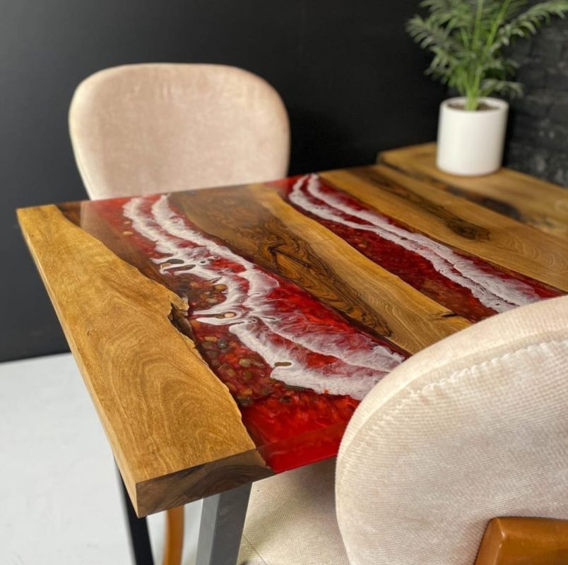 Custom Order Epoxy Dining Table- Transparent Red Epoxy Table- Epoxy Ocean Table- with metal legs